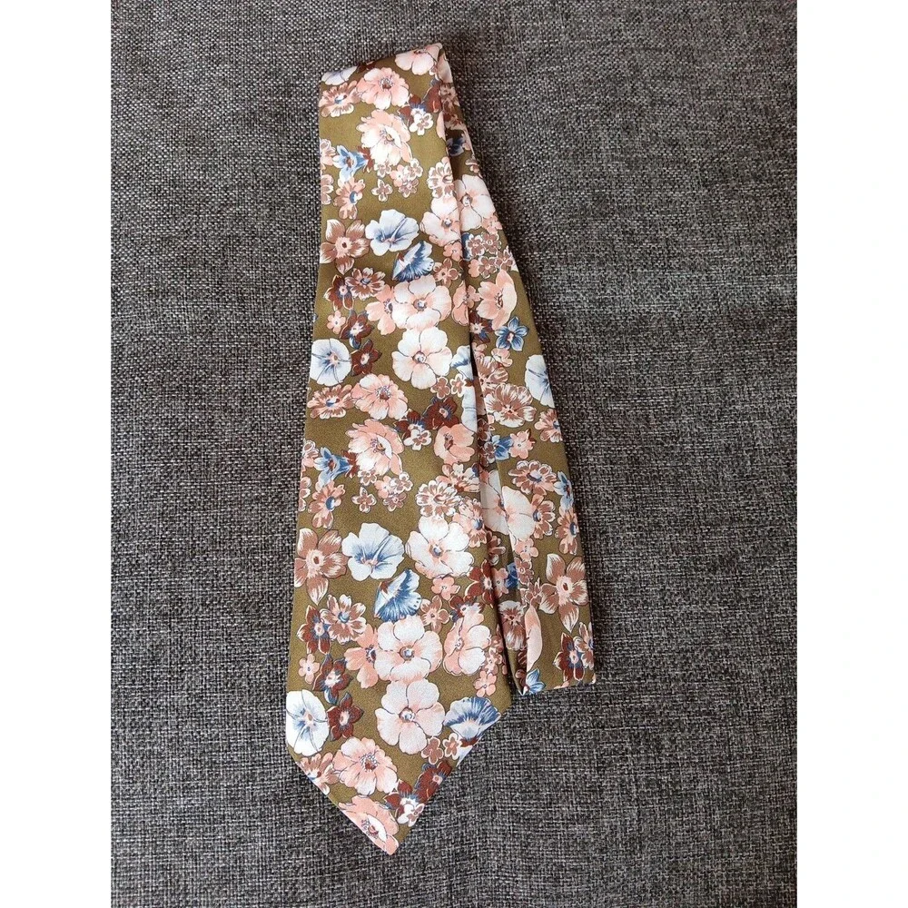 Tie 70s 80s 90s Y2K Mens Green Beige Blue Ivory Floral 3.75 Wide 56 Long